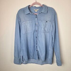 Bob Timberlake Women Blue Lyocell Denim Shirt Long Sleeve Pleated Yoke Medium